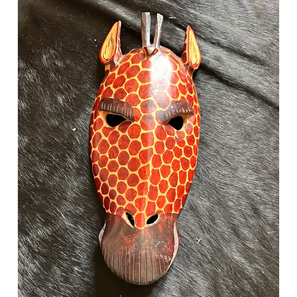 Handmade Painted Wood Giraffe Wall Mask, Brown Tan Black,